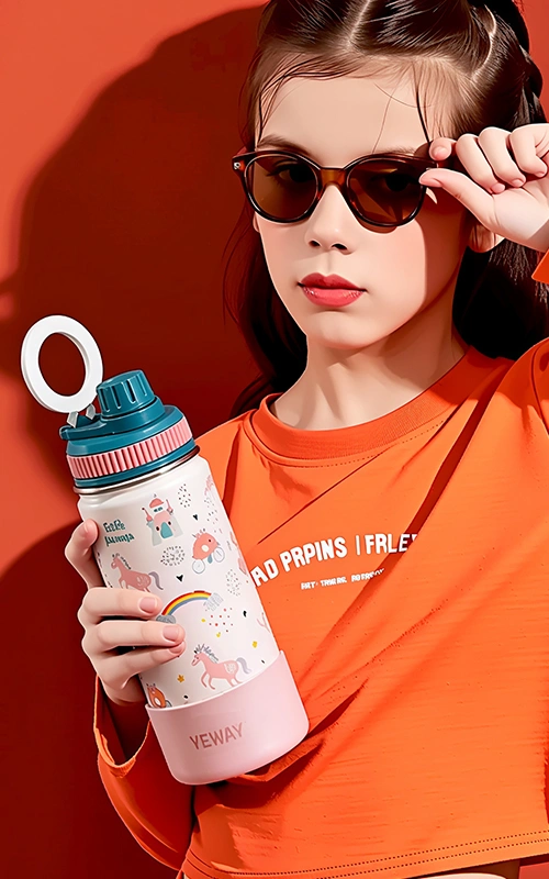 magnetic lid stainless steel kids water bottles with mobile phone holder